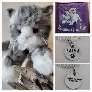 Taylor Swift Inspired Karma Cat, OOAK Rhinestone Collar & Tag, Plus Necklace